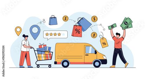 Shoppers managing delivery logistics with a van shopping cart and various icons representing discounts location and customer ratings.
