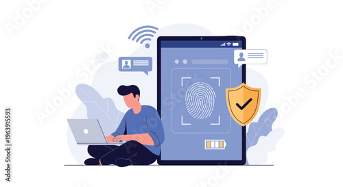 Man sitting on the floor using a laptop in front of a giant tablet displaying a fingerprint scan and security shield for data protection.