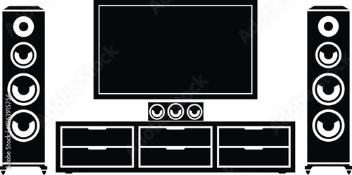 Home theater illustration, entertainment vector, audio clipart, speaker design, television motif, cinema icon, sound system symbol, stylish graphic, concept art