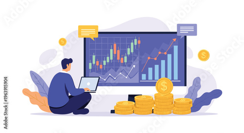 Finance professional using a laptop in front of a screen showing stock market charts with piles of gold coins to track investment profit.
