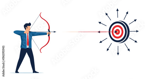 Businessman aiming a bow and arrow at a target with multiple arrows pointing outwards representing focused strategy and market reach.