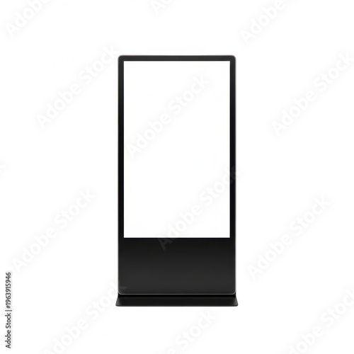 A sleek modern black digital kiosk stand featuring a bright blank vertical screen perfect for displaying advertisements or information in a busy public commercial or retail space,png