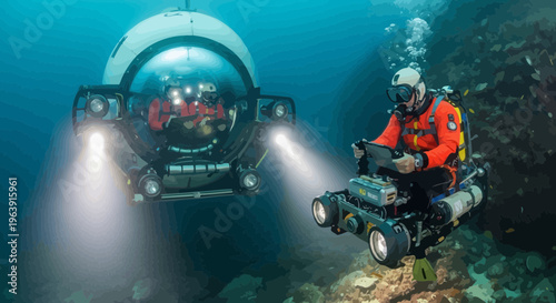 Underwater Research Submersible and Scuba Diver Exploring Ocean Floor