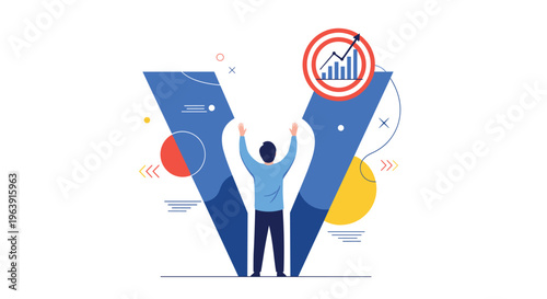 Man standing with open arms inside a large V shape pointing towards a target with a rising chart to represent success and victory.