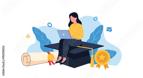 Woman on laptop sitting on graduation cap with diploma and medals symbolizes successful completion of online higher education courses.