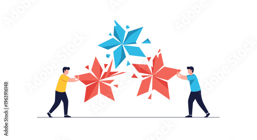 Two professional men working together to assemble broken pieces of stars illustrating collaborative effort and teamwork for achievement.