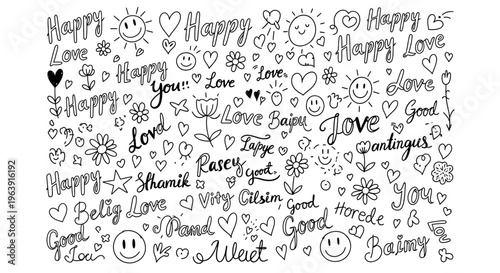 A heartwarming illustration of love and happiness with handwritten text and cute doodles