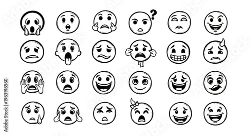 A collection of 20 emoticon faces with various expressions and emotions