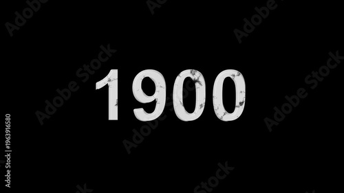 Vintage 1900 number animation on black background. Old film style historical year loop. White 1900 number text on black background. Minimal countdown or year concept animation.