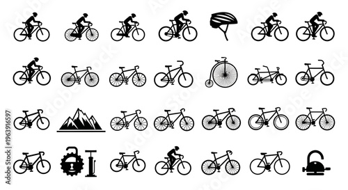 Set of Bicycle Icons and Cycling Equipment Silhouettes