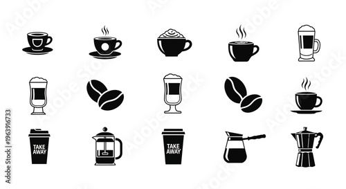Set of Coffee and Cafe Icons in Minimalist Black Style