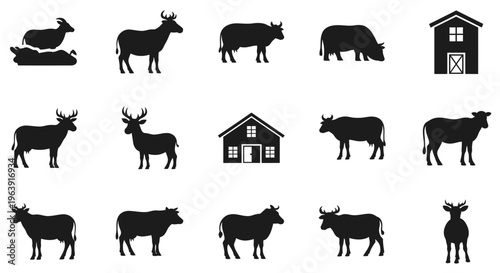 Set of Farm Animal Silhouettes and Barn Icons