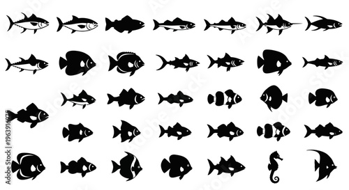 Set of Various Fish Silhouettes Collection