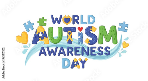 Colorful illustration of World Autism Awareness Day with puzzle pieces and hearts on a blue background, promoting autism acceptance and neurodiversity awareness.