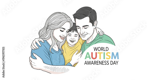 Illustration of a family with a child embracing autism awareness concept on World Autism Awareness Day with colorful design elements.