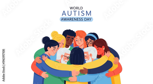 Illustration of diverse people holding a puzzle piece ribbon for World Autism Awareness Day on a white background with colorful clothing and a supportive community concept.