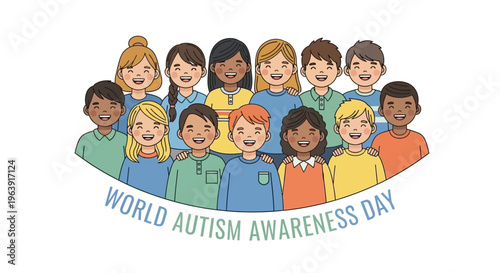 Illustration of diverse group of people supporting World Autism Awareness Day with colorful design elements and text in a circular composition.
