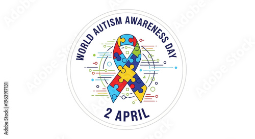Vector illustration of a colorful autism awareness ribbon on World Autism Awareness Day, April 2nd, supporting neurodiversity and inclusivity with a puzzle piece design.