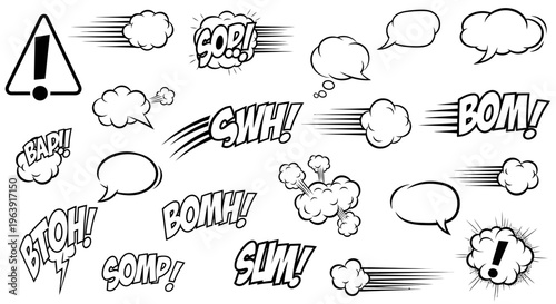 Comic book sound effects and speech bubbles in black and white