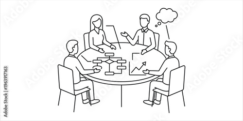 Dynamic Business Team Collaboration Professionals Engage in Strategic Planning, Brainstorming Innovative Ideas, and Analyzing Project Development Around a Conference Table with Visual Aids