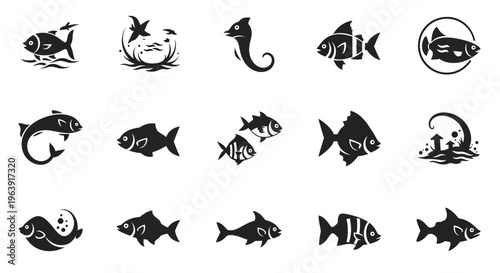 Set of Black Fish Icons and Silhouettes