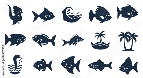 Set of Marine Life and Tropical Island Silhouette Icons