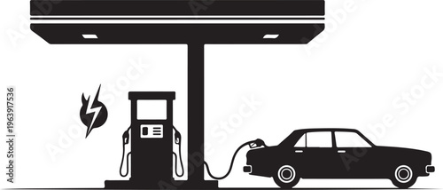 Electric car charging at futuristic gas station with lightning bolt symbol