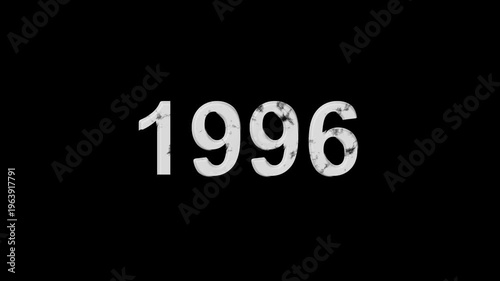 Vintage 1996 number animation on black background. Old film style historical year loop. White 1996 number text on black background. Minimal countdown or year concept animation.