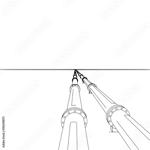 Two industrial chimneys rise upwards in a detailed illustration