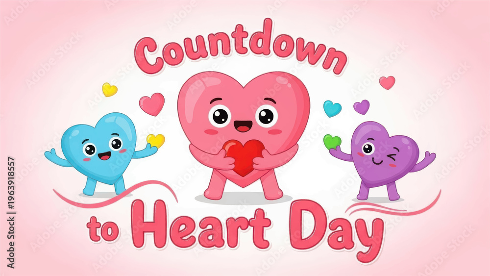Obraz premium Colorful cartoon hearts countdown to heart day isolated on white background