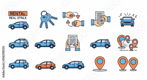 Car Rental Icons - Keys, Contract, Location, and Vehicles.