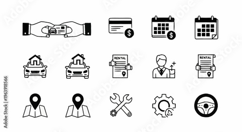 Car Rental Icons Set - Contract, Payment, Location, and Maintenance.