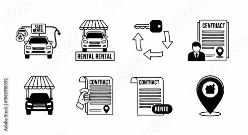 Car Rental Icons Set - Fuel, Rental, Key, Contract, Location.