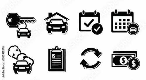 Car Rental Icons Set - Key, Car, Calendar, Clipboard, Exchange, and Money.