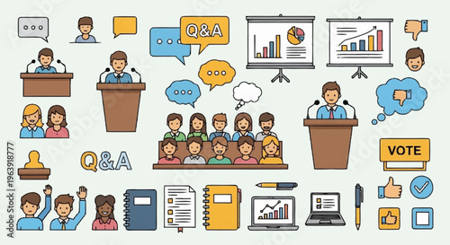 Business Meeting and Presentation Elements Illustration with Audience and Speakers.