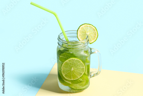 Mason jar of cold mojito on...