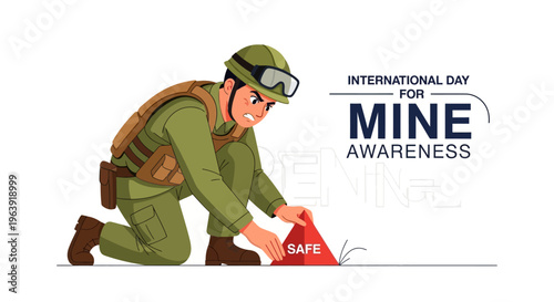 A soldier in green uniform and gear kneels while marking the ground with a red 'SAFE' flag on International Day for Mine Awareness, promoting humanitarian demining and landmine risk