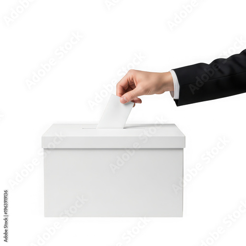 Hand in black suit sleeve dropping ballot into white voting box isolated on transparent background