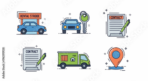 Car Rental and Moving Services Icons - Vehicle, Key, Contract, and Location.