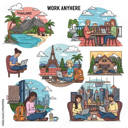 Diverse scenes illustrating people working remotely in various global locations, showcasing the 'work anywhere' lifestyle.