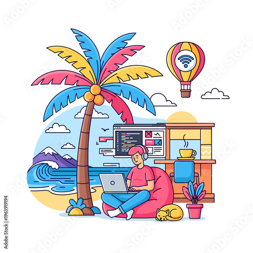 Digital nomad working remotely on a tropical beach with a laptop, enjoying a flexible lifestyle.