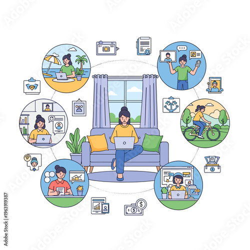 Illustration of a woman working remotely from home, surrounded by vignettes showcasing the flexible digital nomad lifestyle with travel, leisure, and online activities.