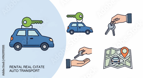 Car Rental and Transportation Services Illustration with Keys and Map.