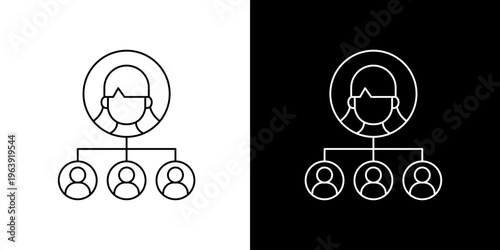 Single icon of organizational chart showing hierarchy with a single leader and multiple subordinates in a conceptual graphic