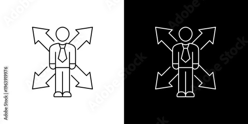 Single icon of business professional navigating multiple strategic choices and decision-making paths, representing career direction and opportunity management in a complex environment