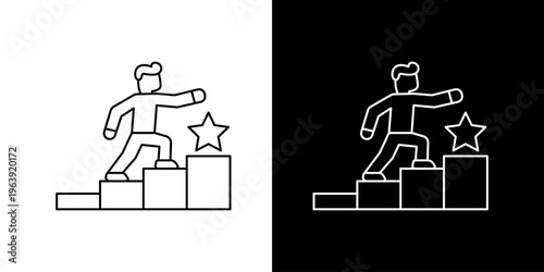 Outline icon of a person climbing a staircase towards a star, symbolizing ambitious career growth, goal achievement, and personal success concept vector