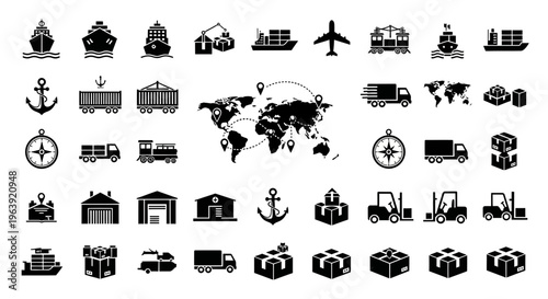 Logistics and Supply Chain Icon Set with World Map