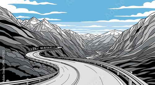 Winding Mountain Road Through Scenic Alpine Landscape Illustration