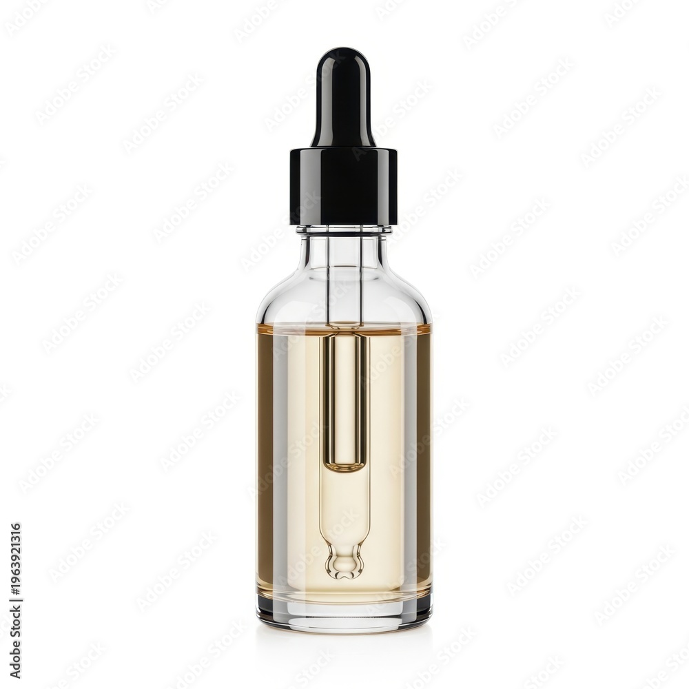 Naklejka premium A clear glass bottle with a black cap and yellow liquid