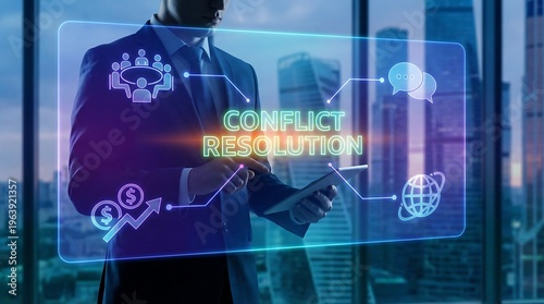 Conflict resolution concept with businessman interacting with digital interface showing communication and financial analysis icons in city skyscraper.